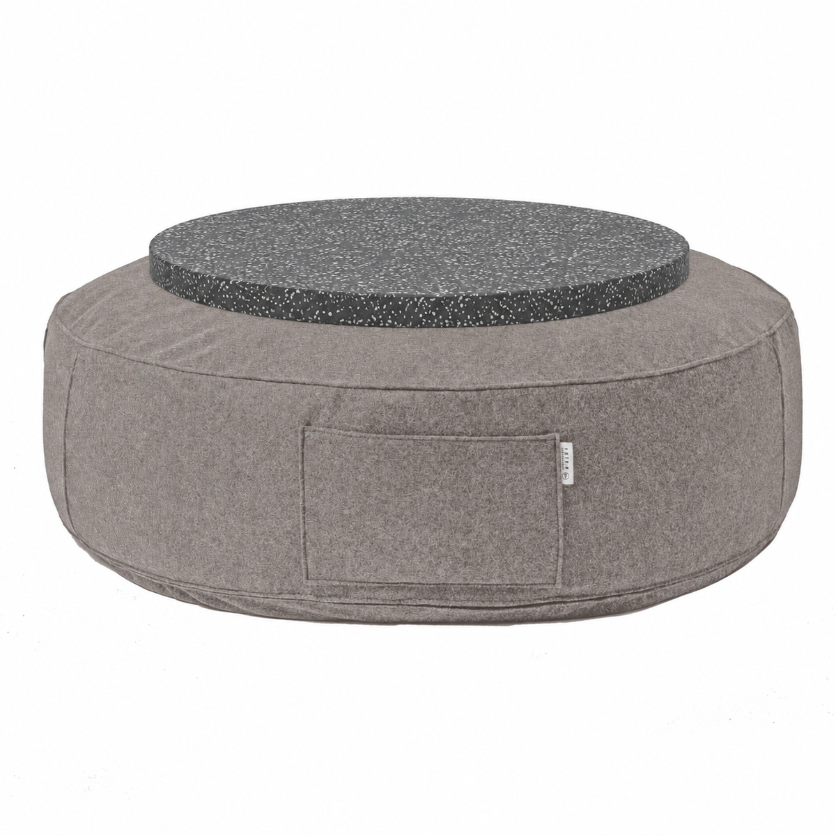 Full Moon Table in desert wool with flat black terrazzo plate